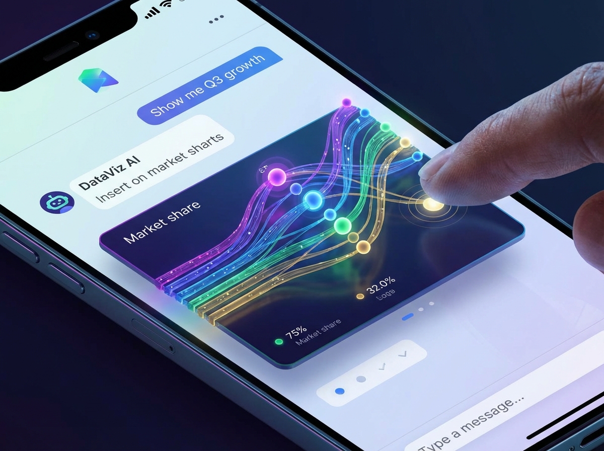 A close-up of a high-tech smartphone screen displaying an interactive data chart inside a chatbot interface, vibrant colors, clean UI design, 4:3