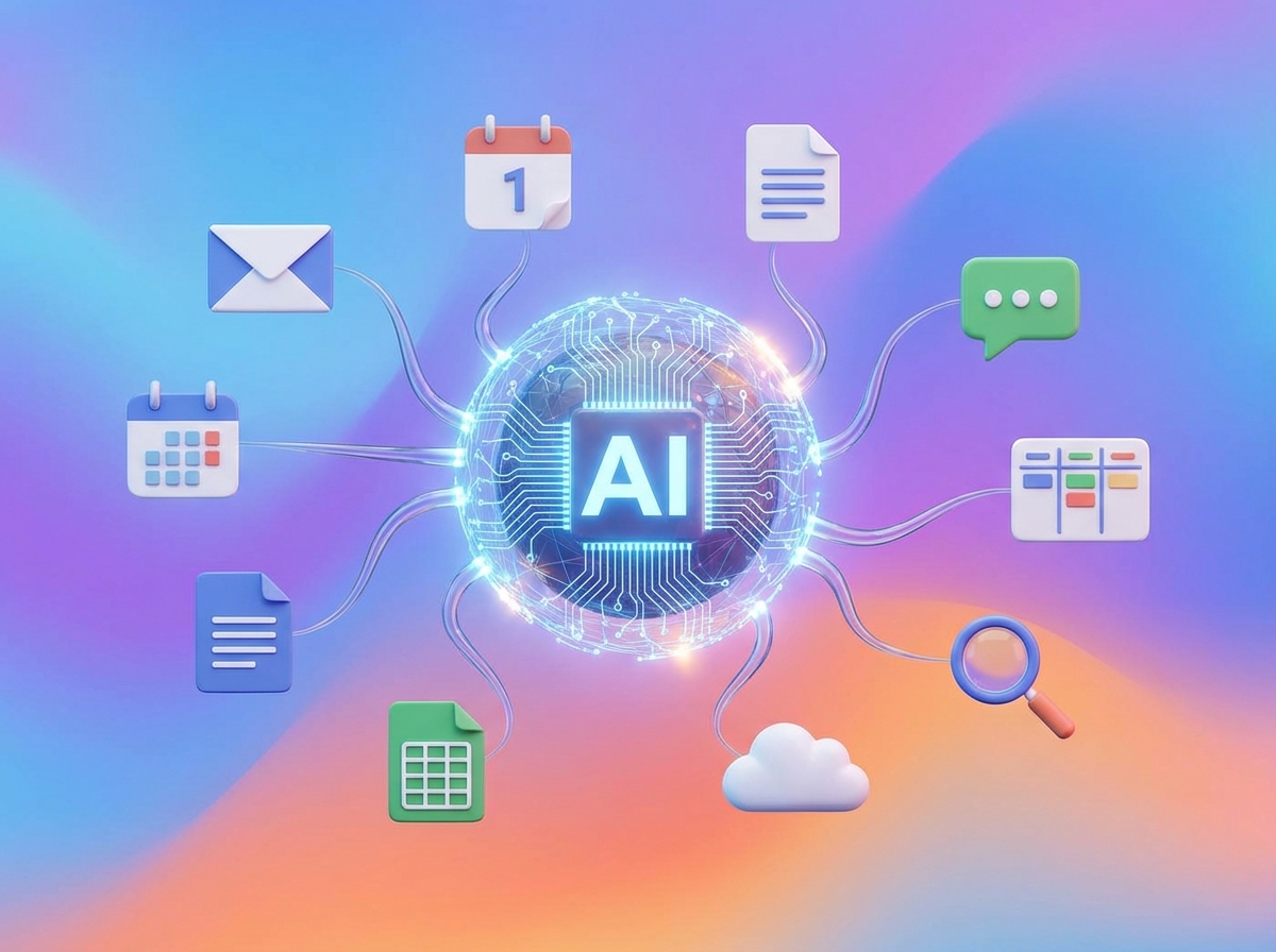 A conceptual illustration of a central AI core connected to floating icons of business productivity tools, soft gradient background, 3D rendered style, 4:3