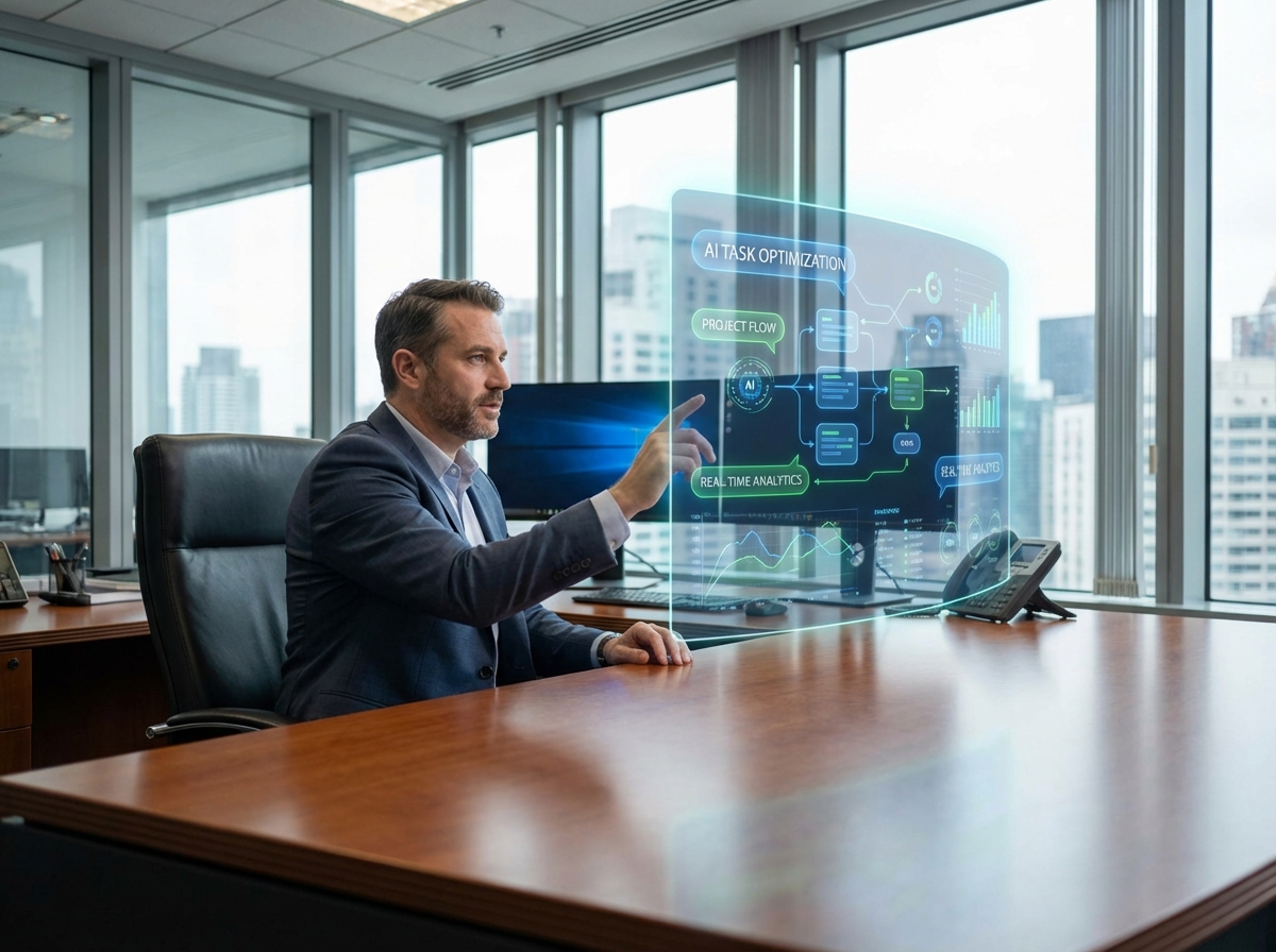 A professional man working in a modern office with a large transparent screen showing AI-driven task management and interactive graphics, realistic lighting, 4:3