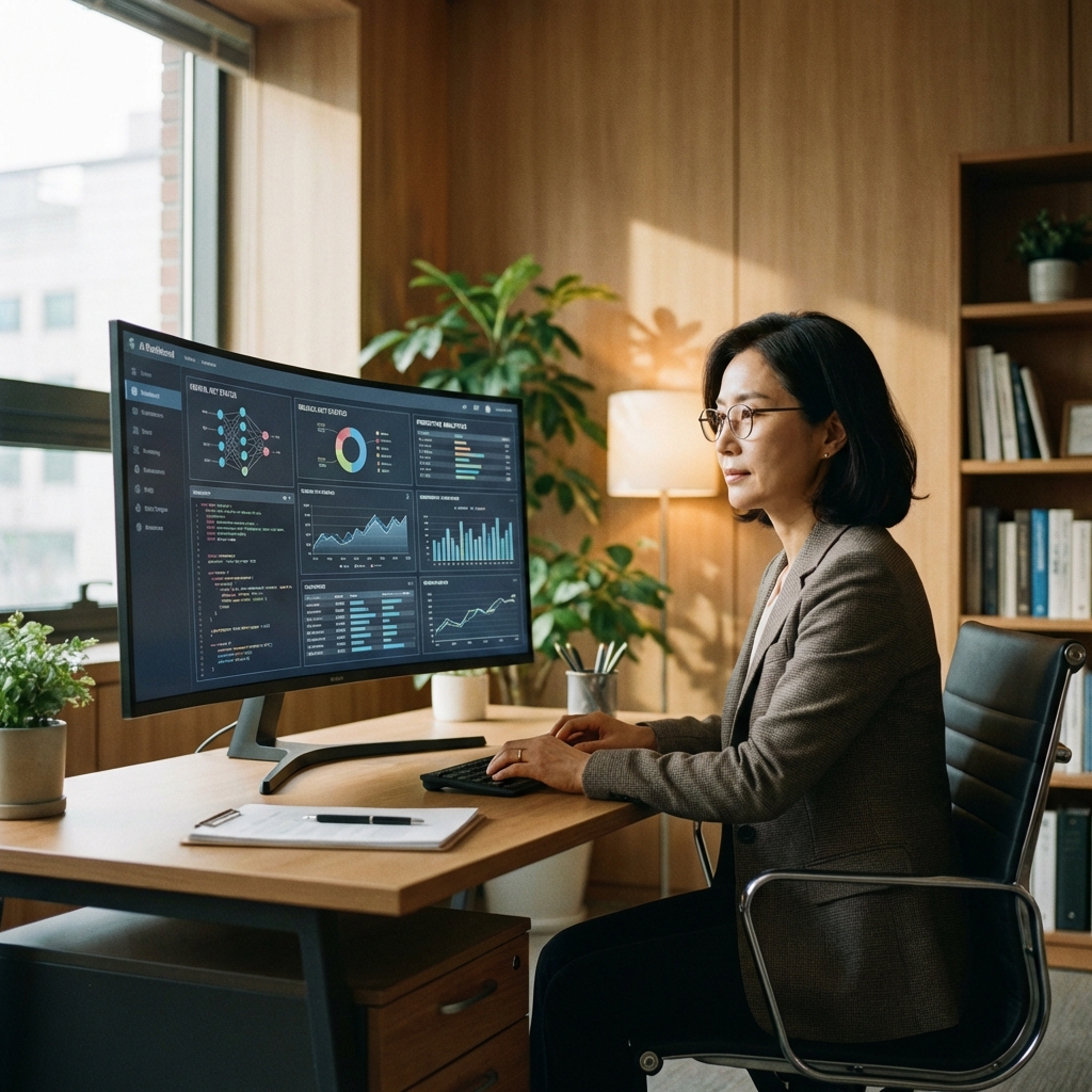A Korean professional person calmly monitoring an AI dashboard on a high-definition monitor. Modern workspace, warm indoor lighting, focused and trustworthy mood. 1:1