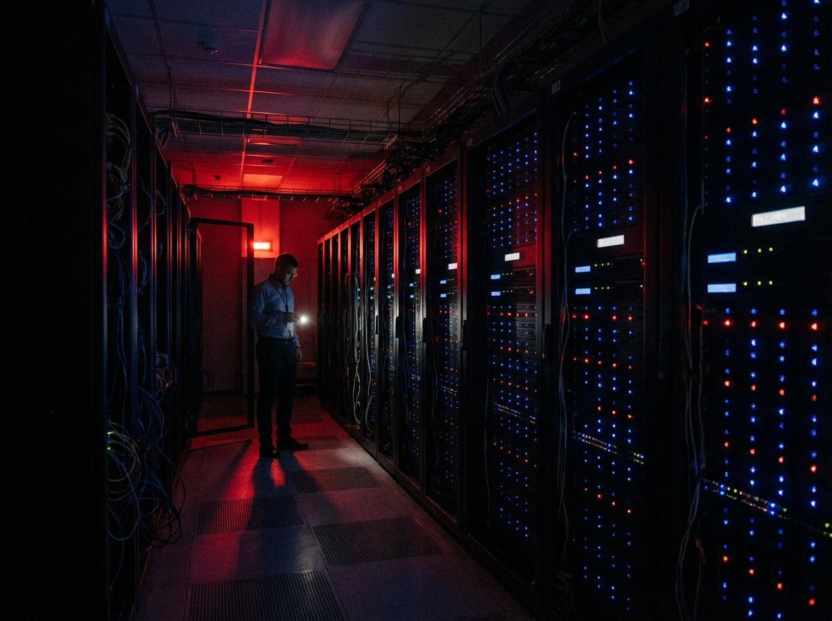 A professional photography of a modern data center server room with dim emergency lighting during a power outage, showing rows of server racks, blue and red small indicator lights, high contrast, realistic atmosphere, 4:3