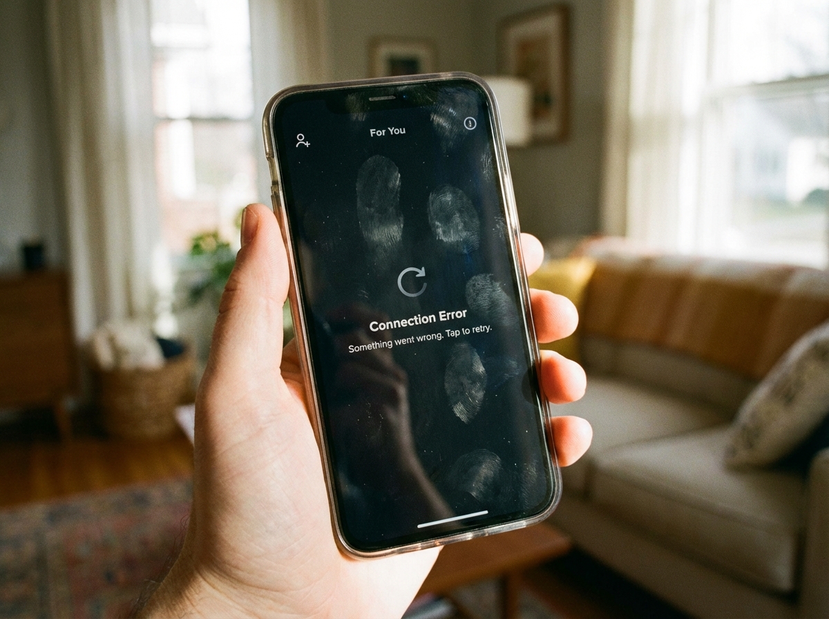 A close up shot of a hand holding a modern smartphone showing the TikTok app interface with a loading spinner and a connection error message, natural indoor lighting, 4:3