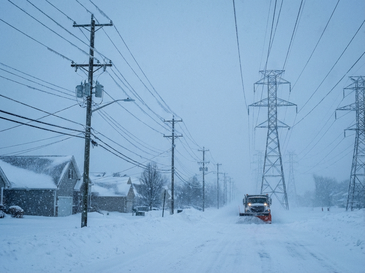 A cinematic landscape photography of a massive snowstorm hitting power lines and infrastructure in a US suburban area, cold atmosphere, detailed snowflakes, 4:3