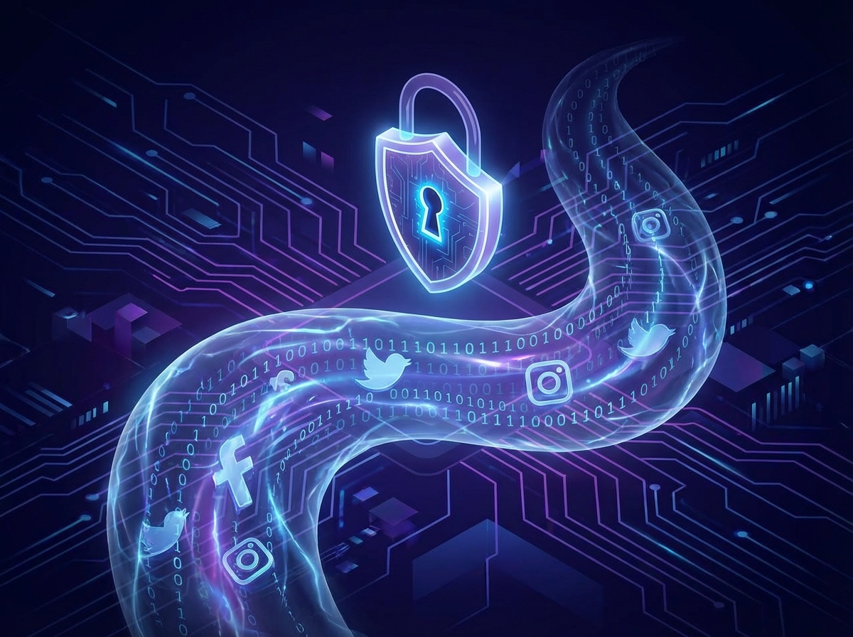 A conceptual illustration of digital data protection, showing a glowing lock icon over a stream of binary codes and social media icons, dark blue background, futuristic style, 4:3