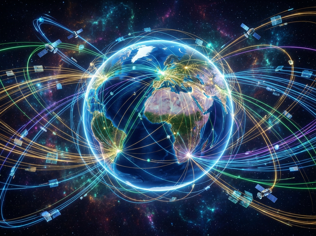A detailed composition of a global digital network with light trails connecting different nodes, representing stability and connection, vibrant colors, 4:3
