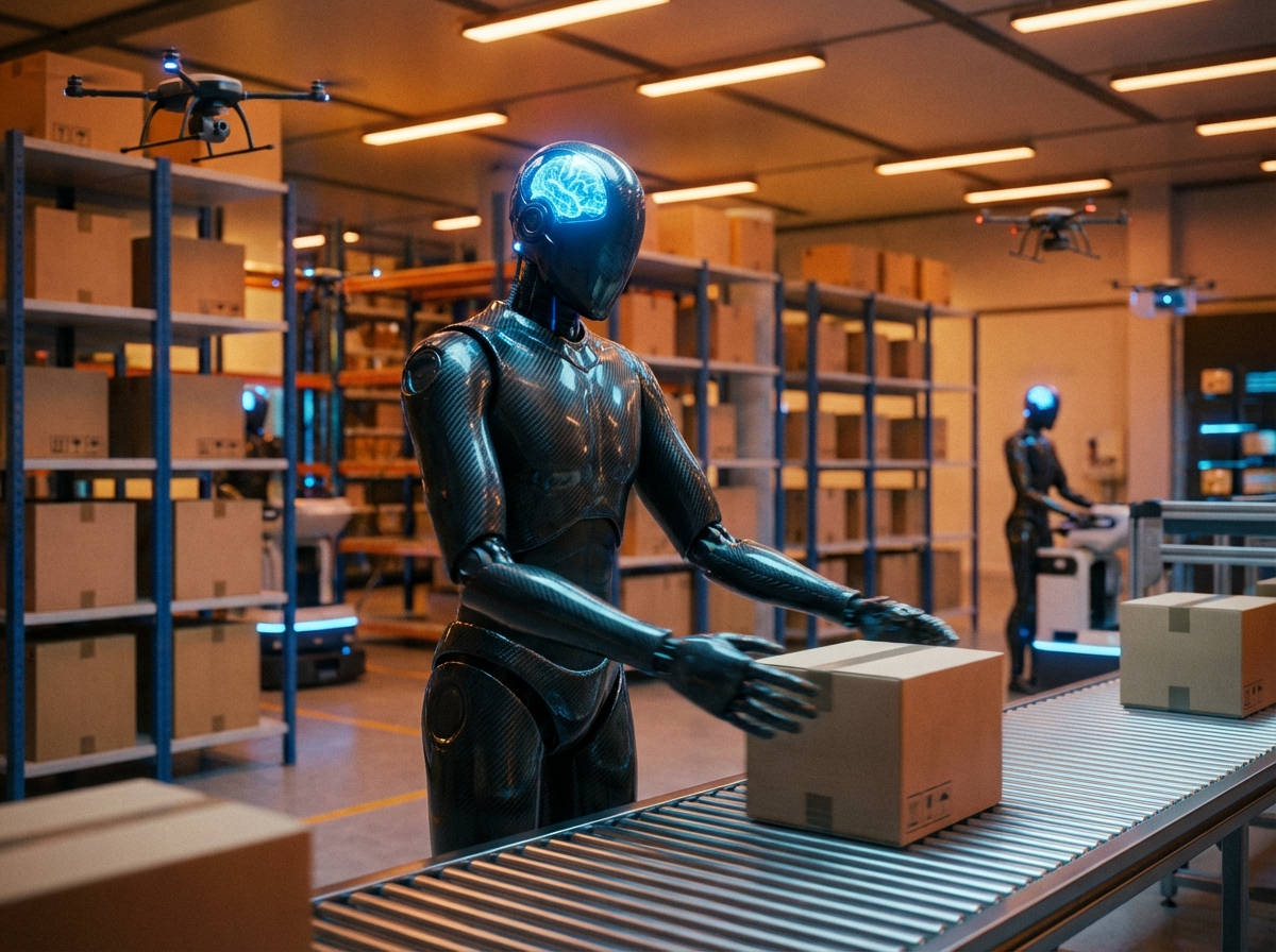 A sleek, advanced humanoid robot working in a modern, organized logistics warehouse. High-tech atmosphere with warm indoor lighting. Natural motion blur. 4:3
