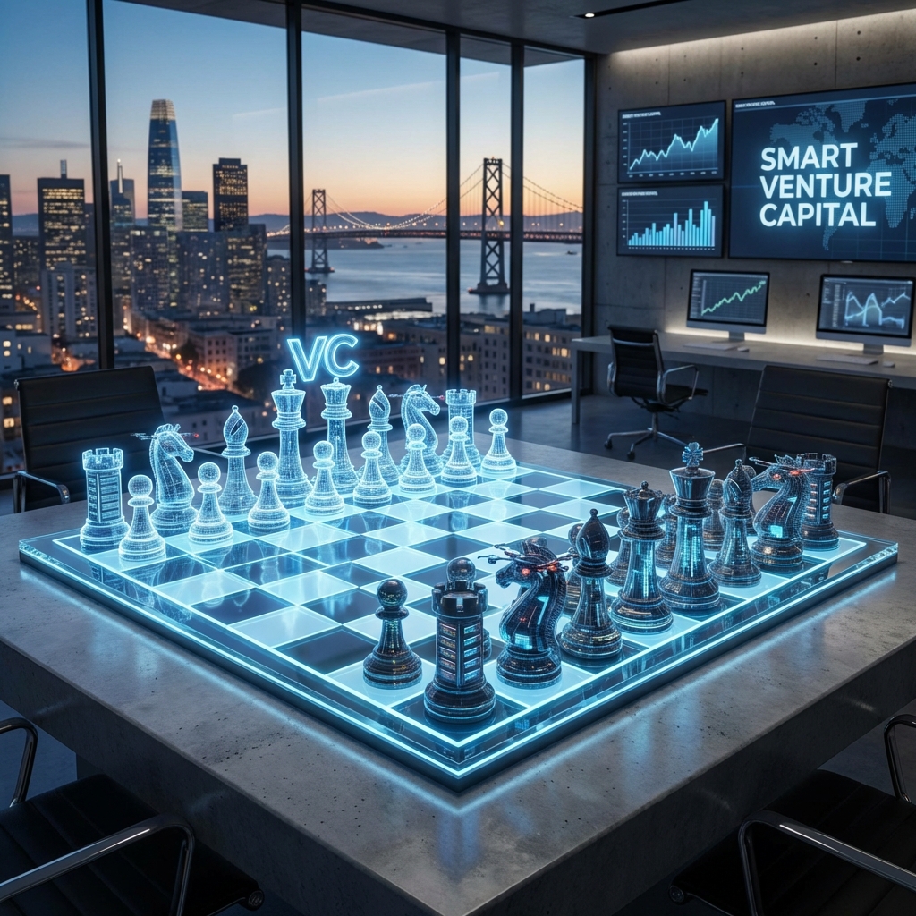 A strategic chess board with glowing tech pieces, symbolizing smart venture capital investment. Modern office background with San Francisco city view. High contrast. 1:1