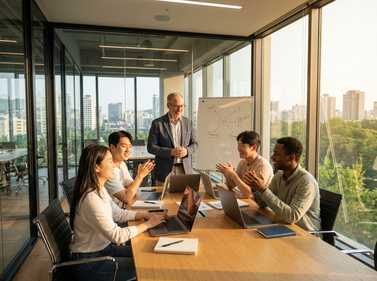 Diverse group of young entrepreneurs and a seasoned investor discussing ideas in a bright, modern glass-walled office. Natural Korean facial features for some members. Warm sunlit atmosphere. 4:3