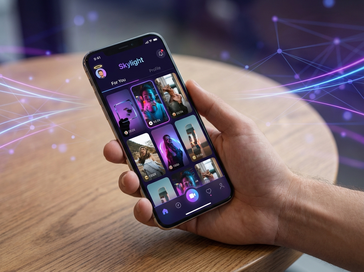 A modern smartphone displaying a vibrant short-form video app interface with a sleek design. The background is a soft gradient of purple and blue, representing the digital social media landscape. High-quality lifestyle photography style, 4:3. TikTok alternative Skylight keyword inspired.