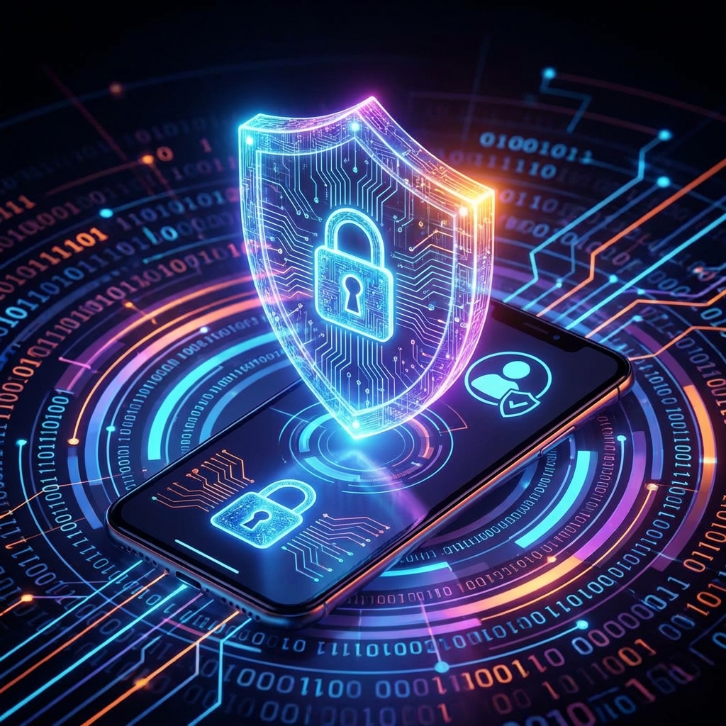 A conceptual illustration of data privacy and security. A glowing digital shield over a smartphone screen, with abstract binary codes in the background. High contrast, modern infographic style, 1:1.