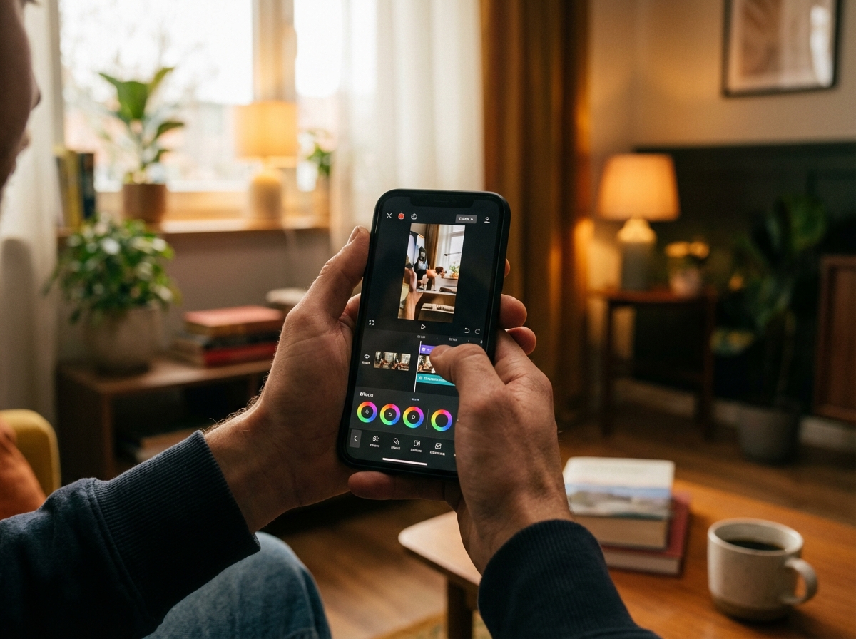 A young person's hands holding a smartphone, editing a vertical video with a creative interface. Warm indoor lighting, natural setting, high-quality lifestyle photography, 4:3.