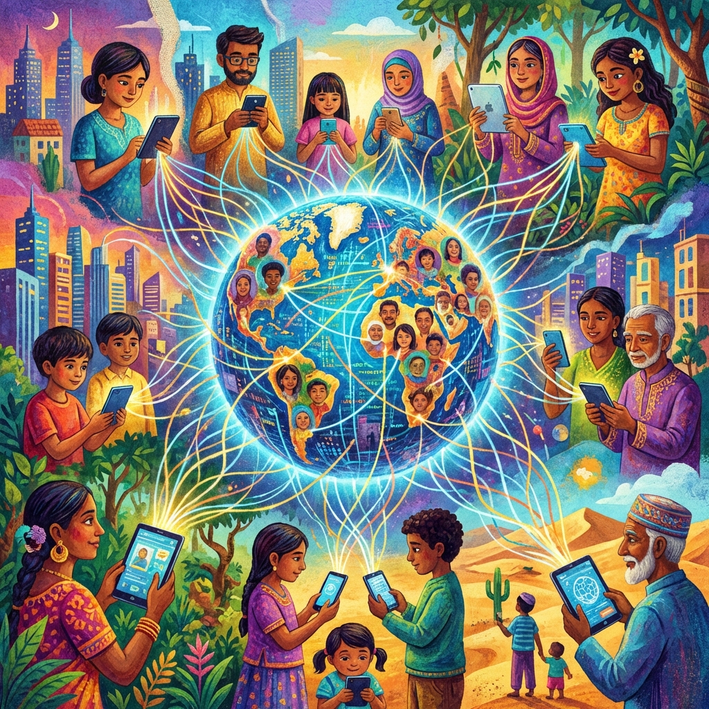 A visually rich illustration of a global network connecting people through mobile devices. Vibrant colors, textured background, artistic rendering, 1:1.