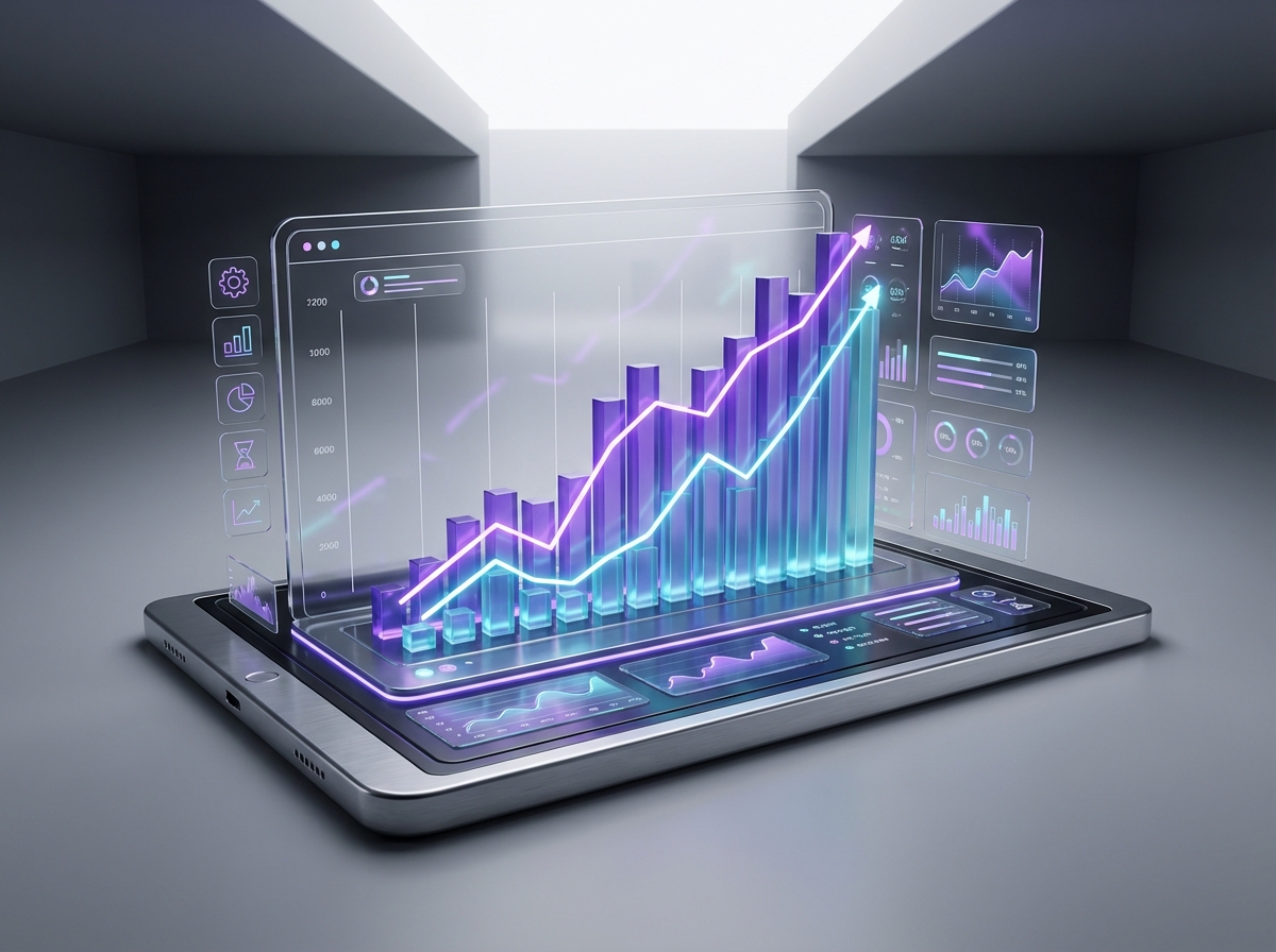 A sleek, modern 3D visualization of a rising growth chart integrated with a digital app interface. Bright balanced lighting, violet and cyan accents, high contrast, 4:3.