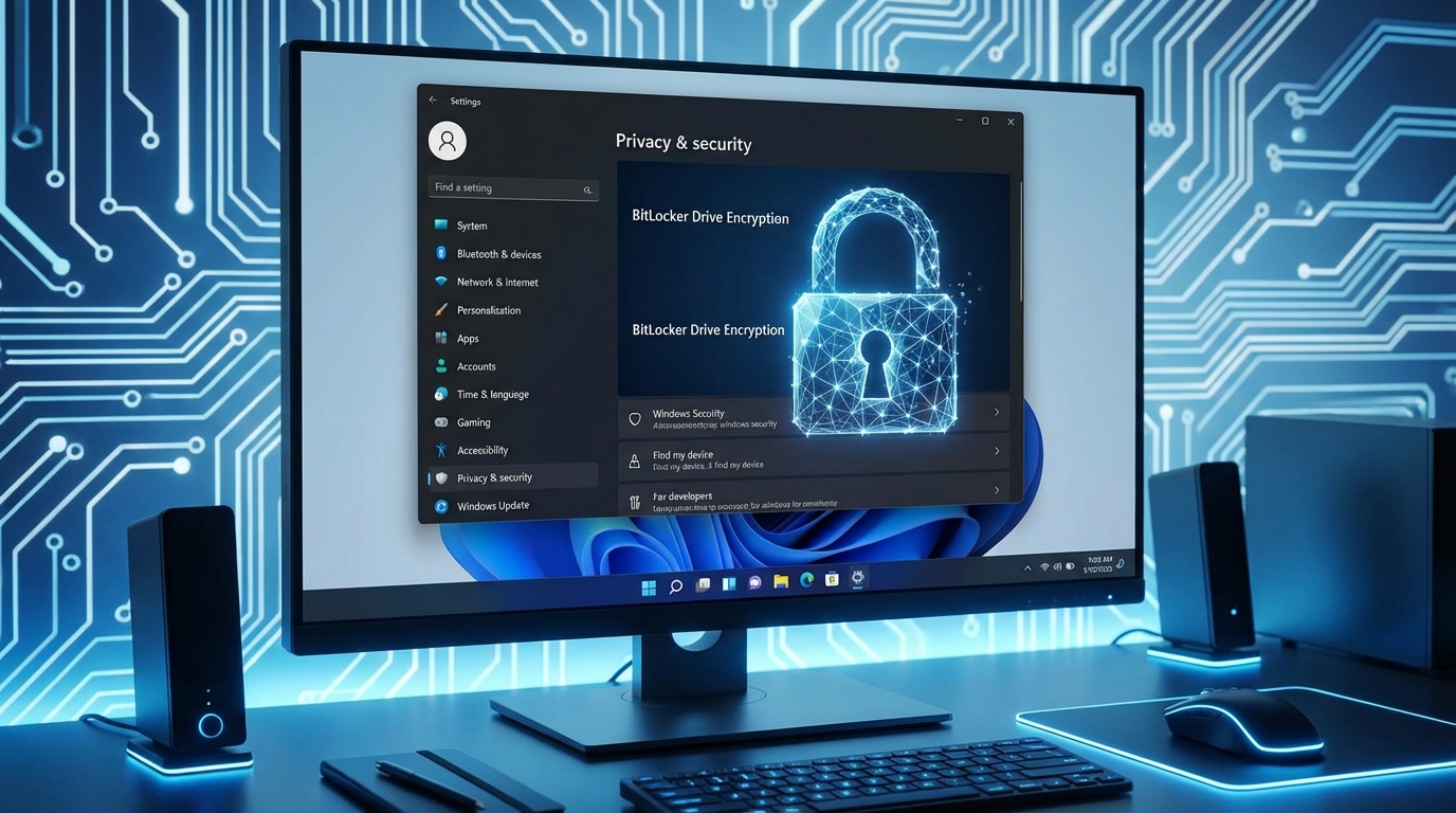 A modern Windows 11 desktop interface showing security settings and a stylized digital padlock icon to represent Windows BitLocker encryption. The atmosphere is professional and high-tech with blue and white tones. 16:9