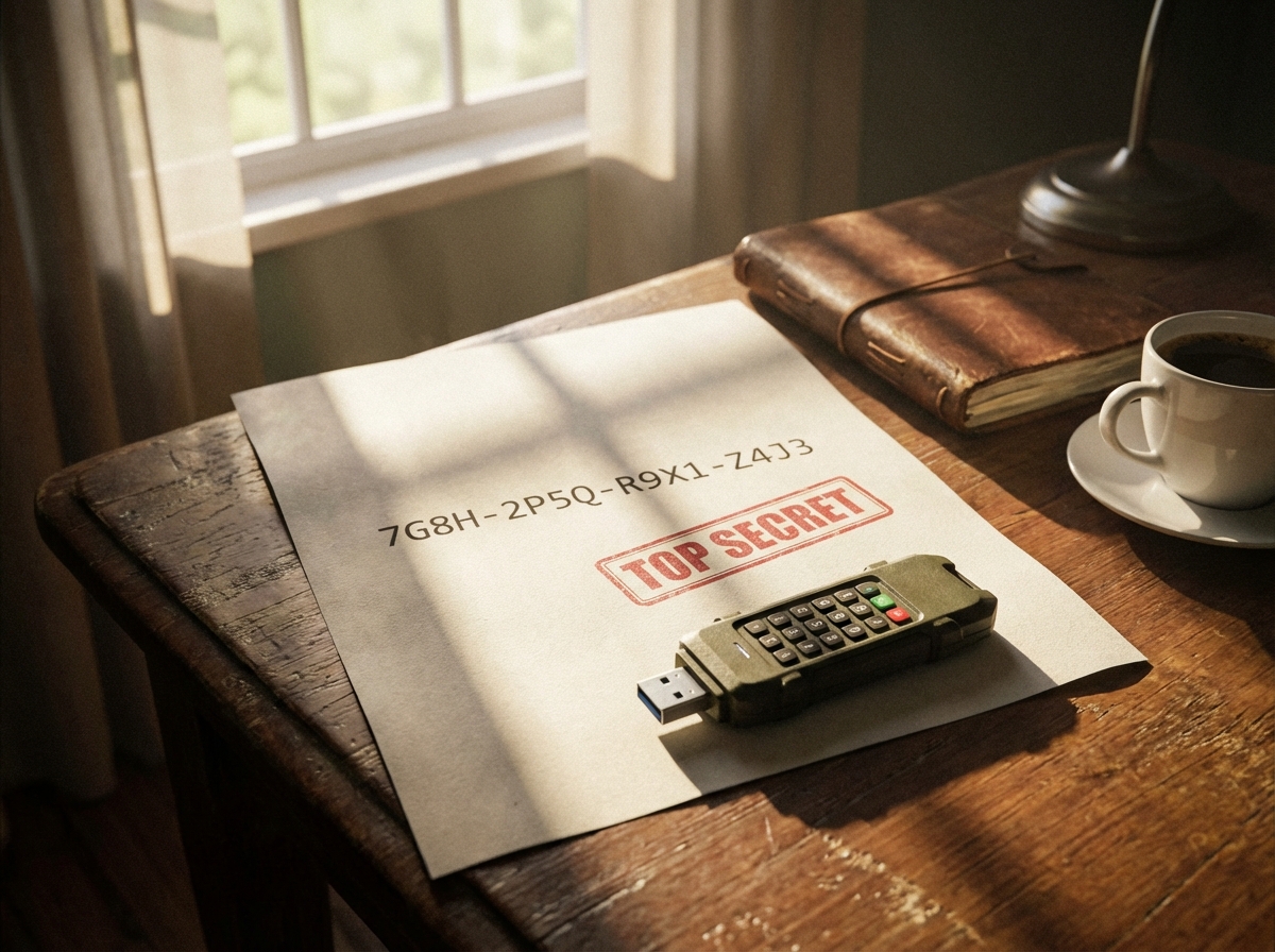 A photograph of a physical printed paper with a security code and an encrypted USB drive sitting on a wooden desk. Natural lighting and a sense of privacy and security. 4:3