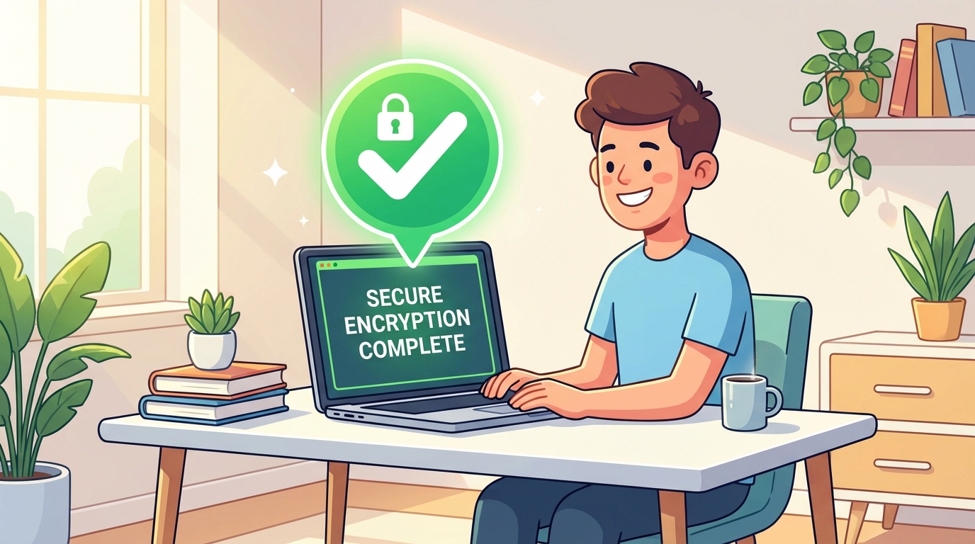 A digital illustration showing a satisfied person sitting in front of a laptop with a green checkmark icon floating above it indicating successful encryption. Bright and clean style. 16:9