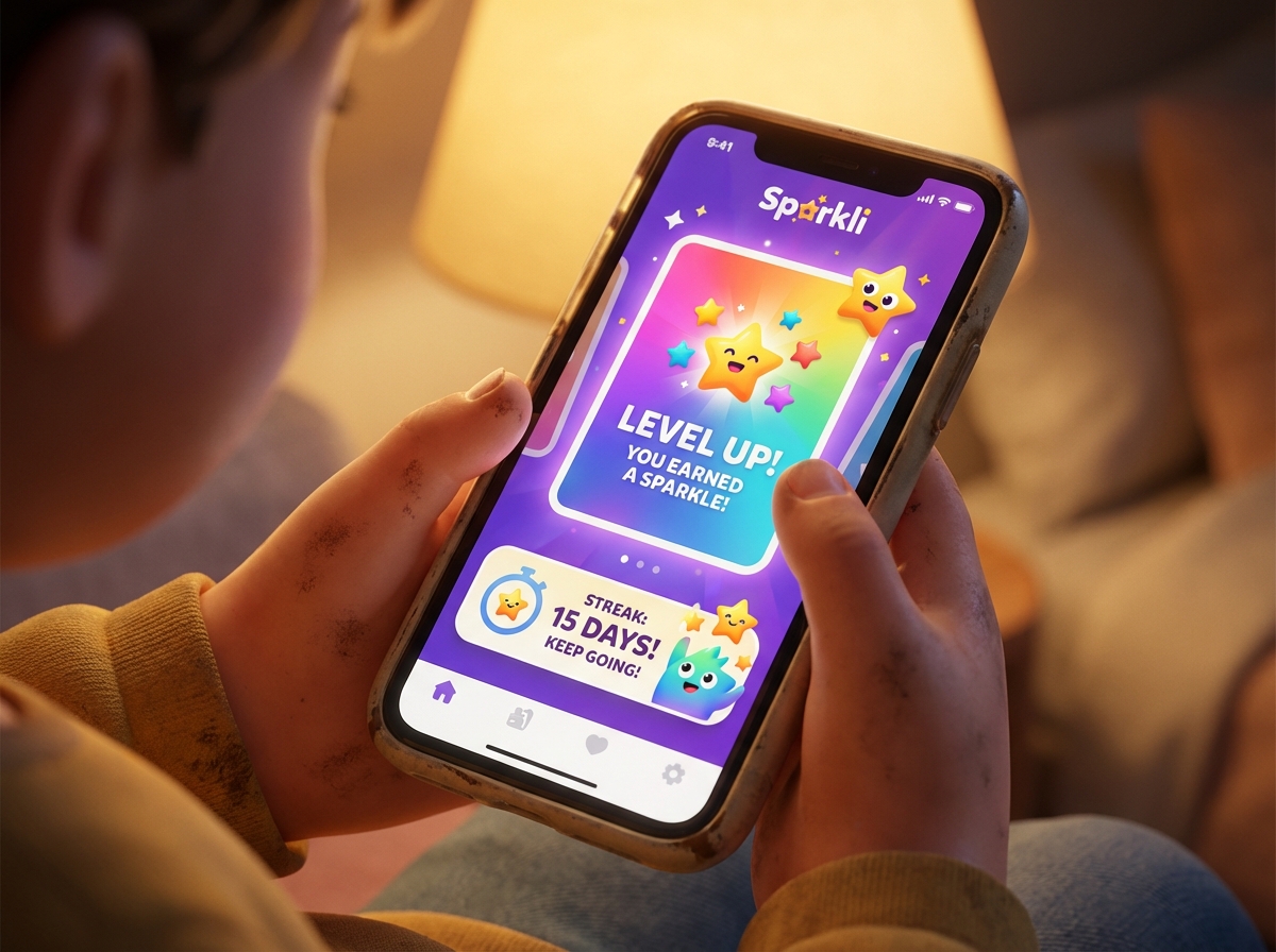 A close-up of a child's hands holding a smartphone displaying a colorful digital reward card and a learning streak counter. Warm lighting, focus on the screen, Sparkli app interface, high-quality 3D render style. 4:3