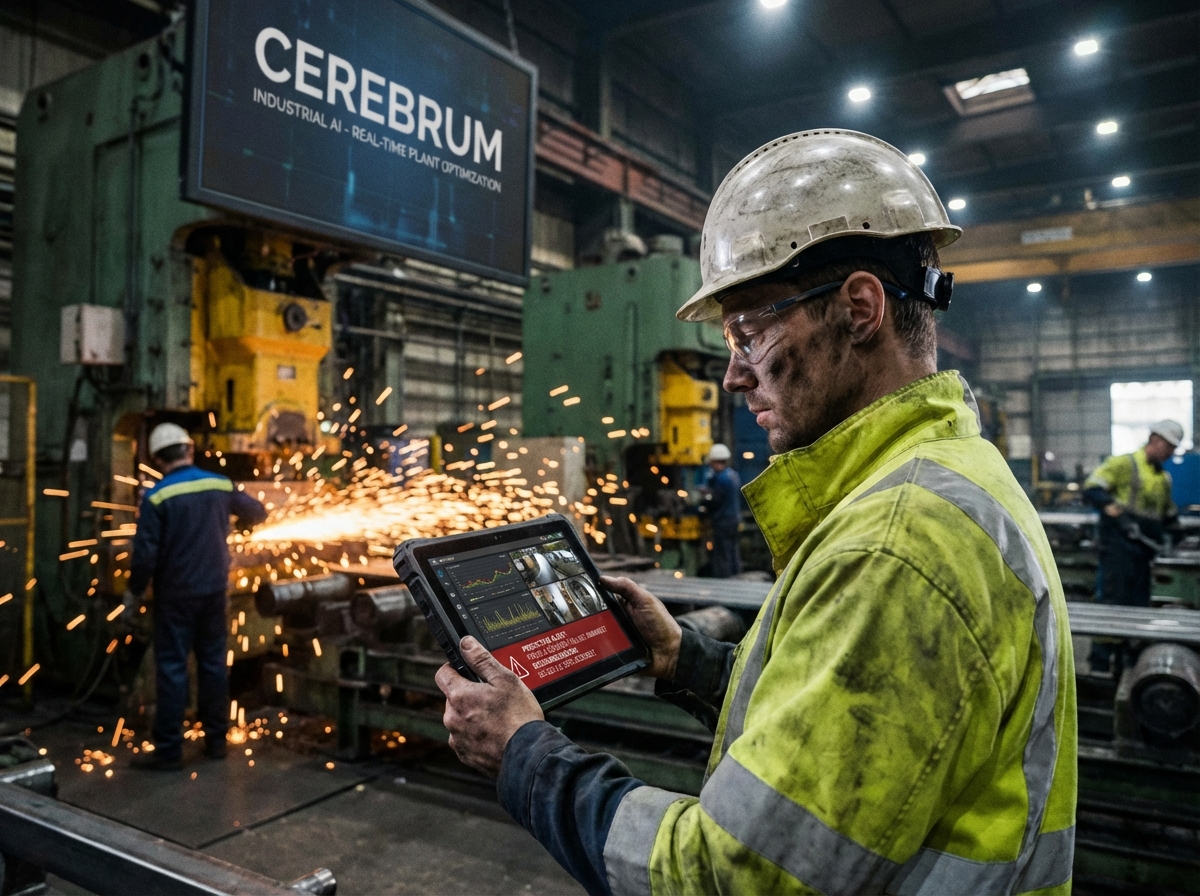 A maintenance worker in a metal processing plant looking at a tablet showing real-time data and predictive maintenance alerts, industrial AI system, 4:3