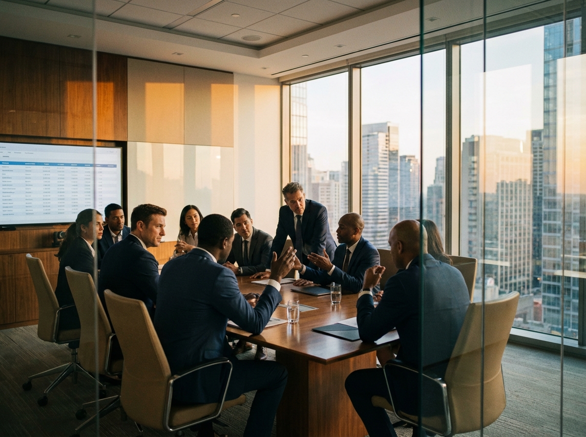 A realistic photograph of a modern high-end conference room with diverse business executives in suits having a serious discussion. Large windows showing a cityscape in the background. Warm natural lighting. 4:3 aspect ratio.