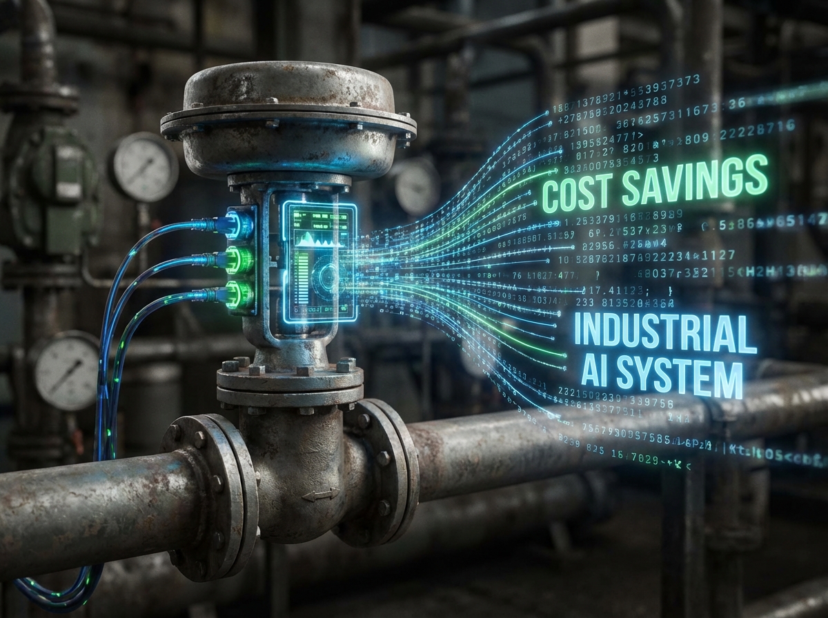 Close up of a specialized industrial valve with digital sensors and data streams flowing out, representing cost savings, industrial AI system, 4:3