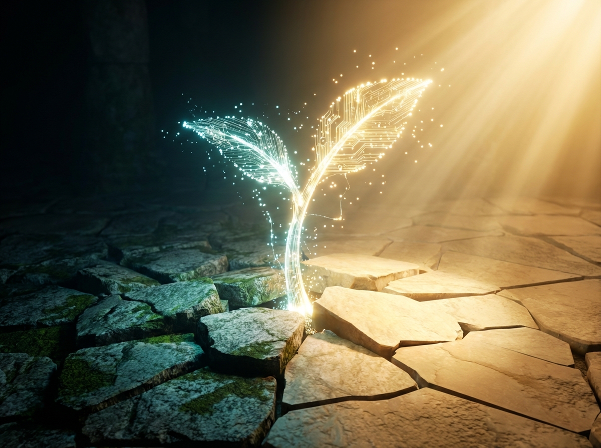 A conceptual 3D rendering of a seedling made of digital light growing through a stone floor. One side is dark with shadows and the other is bright and golden. No text. 4:3 aspect ratio.