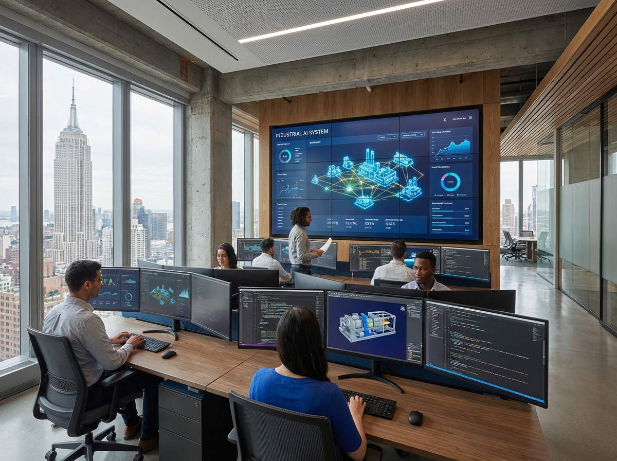 A modern office in Manhattan with data scientists analyzing complex industrial data on multiple screens, industrial AI system, 4:3