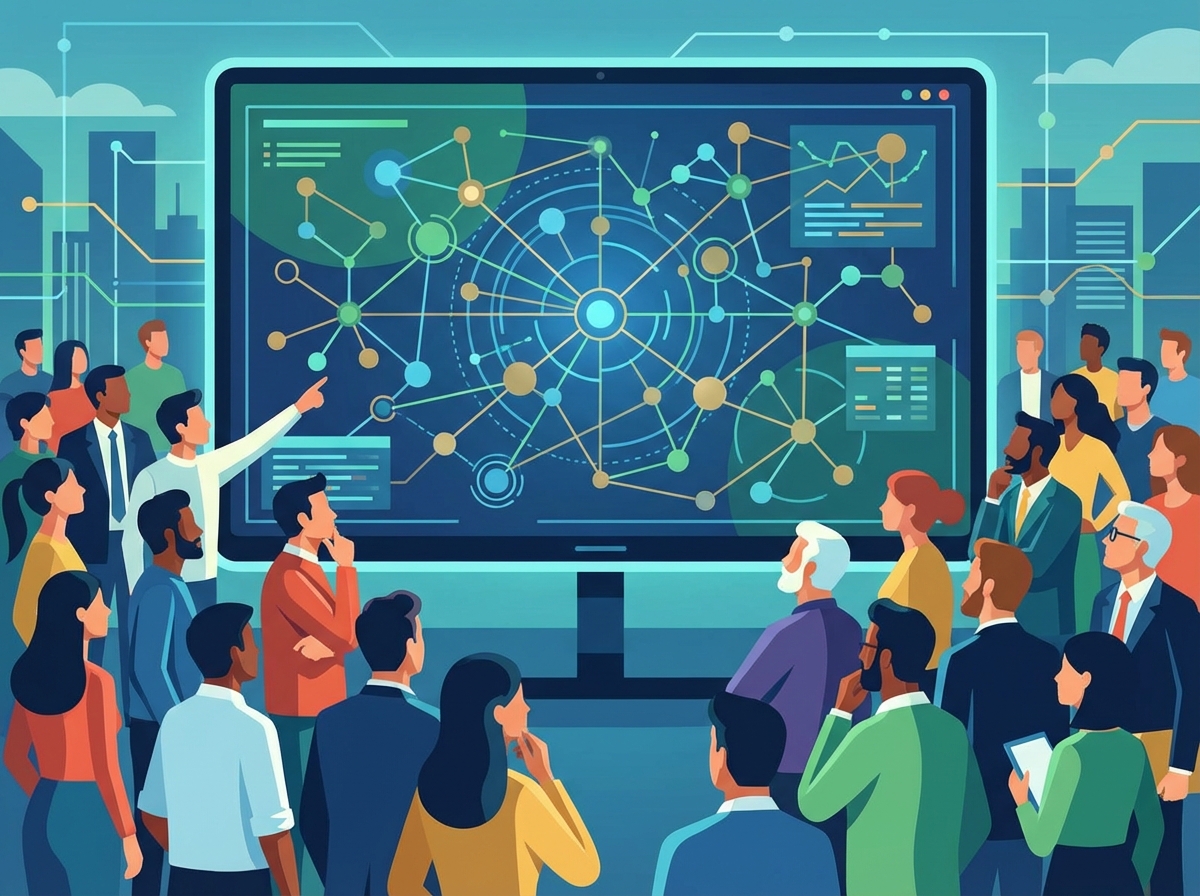 A stylized illustration of many people standing together looking at a large glowing screen showing data connections. Some people are pointing while others look contemplative. Modern flat design style. 4:3 aspect ratio.