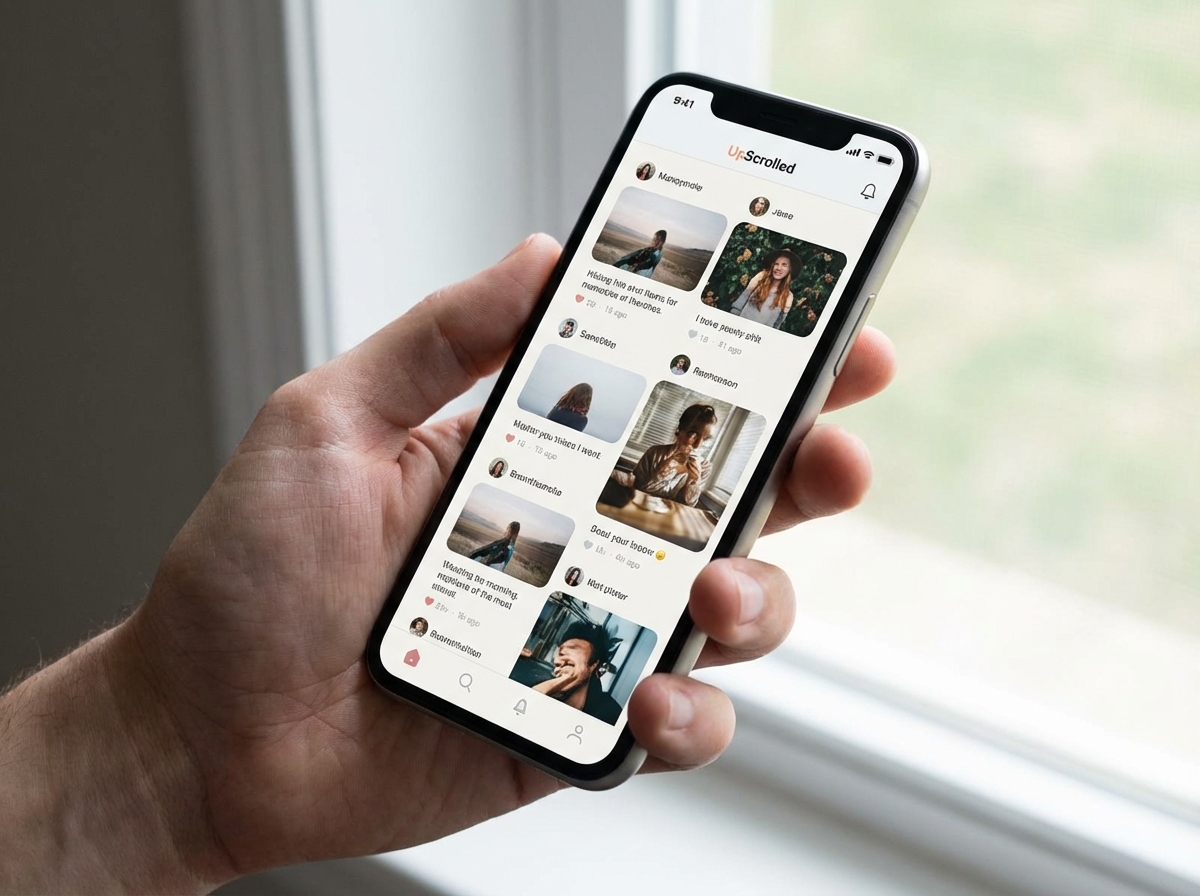 A sleek smartphone held by a person, screen displaying a modern social media feed with diverse photo and text posts, minimalist UI, soft daylight, social media UpScrolled style, 4:3