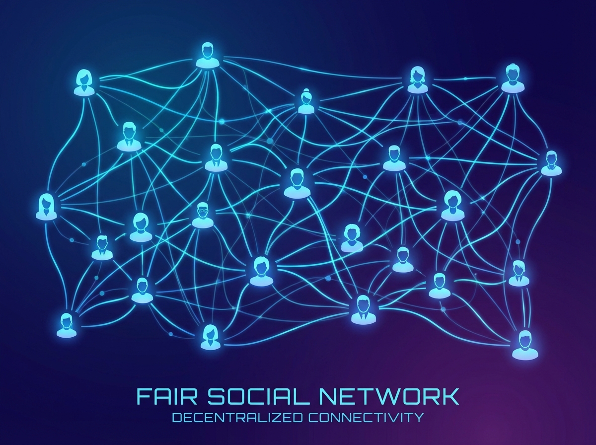 Abstract digital network illustration, glowing lines connecting people icons fairly, blue and purple gradient background, no central hub, representing decentralization and fairness in social media, 4:3