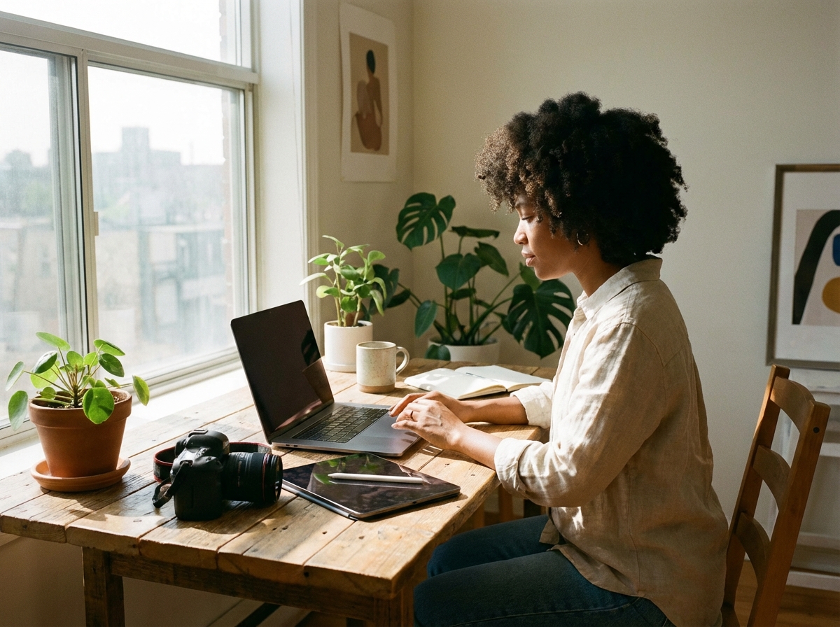 A content creator sitting at a sunlit wooden desk with a laptop and a tablet, minimalist professional setup, natural indoor lighting, focus on a creative workspace, 4:3