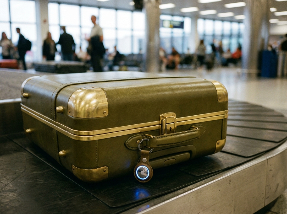 A stylish travel suitcase on an airport luggage carousel with a visible AirTag 2 attached to the handle. Soft focus background of an airport terminal. 4:3