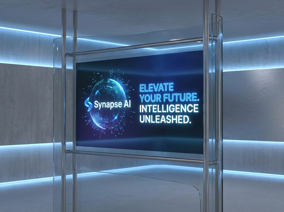 A futuristic digital advertisement displayed on a glowing AI interface screen, modern corporate branding elements, soft blue and white lighting, sleek and minimal tech aesthetic, 4:3