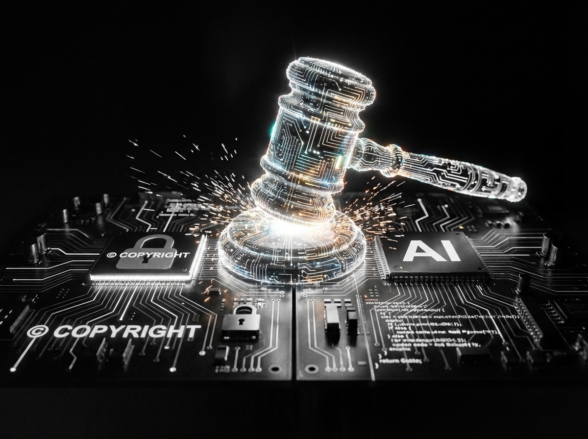 A symbolic high-contrast image of a digital gavel hitting a circuit board, representing the legal struggle over AI and copyright, professional lighting, 4:3