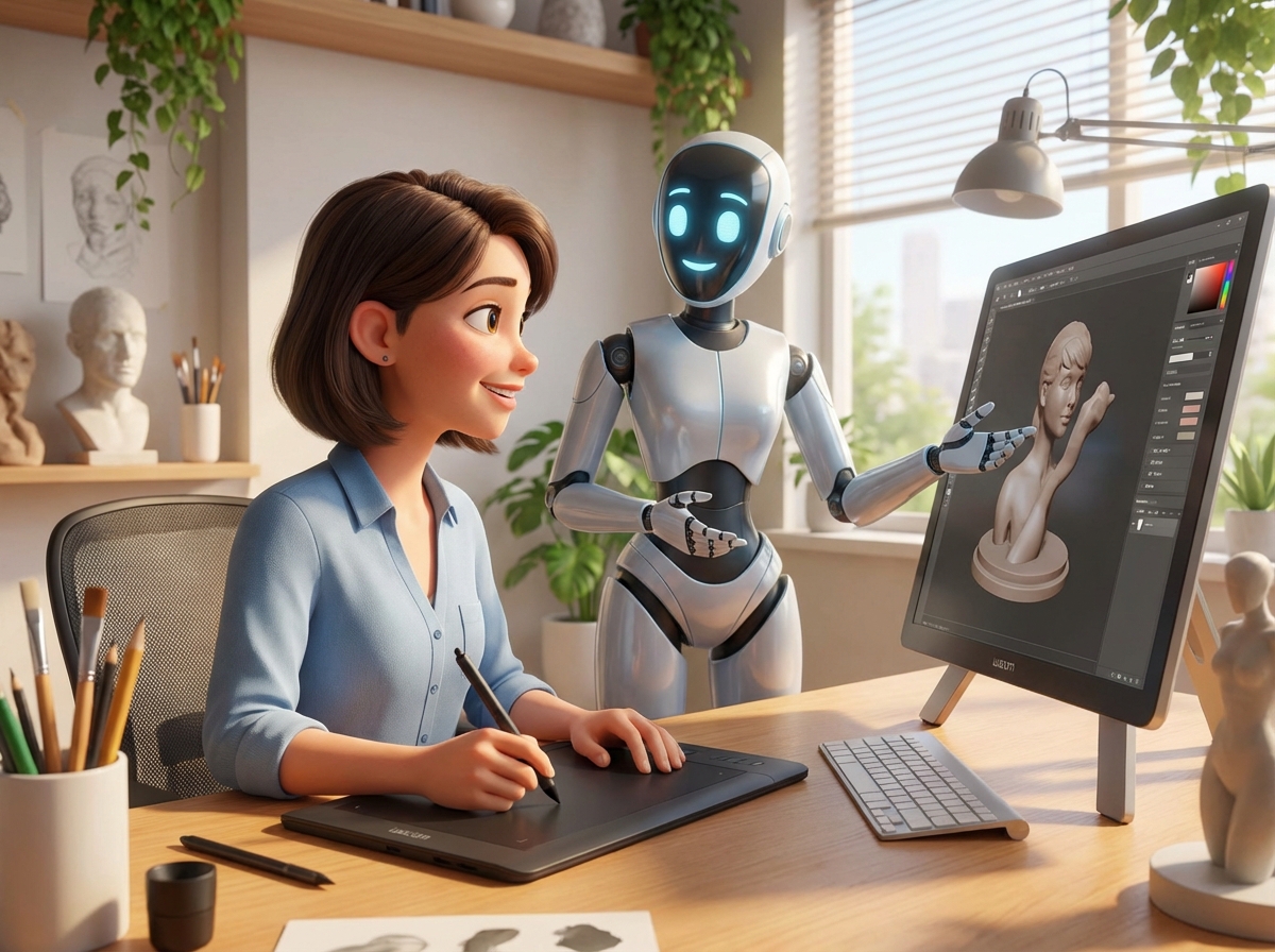 A digital artist working alongside a friendly AI assistant in a bright modern studio, detailed composition, professional 3D rendering, 4:3