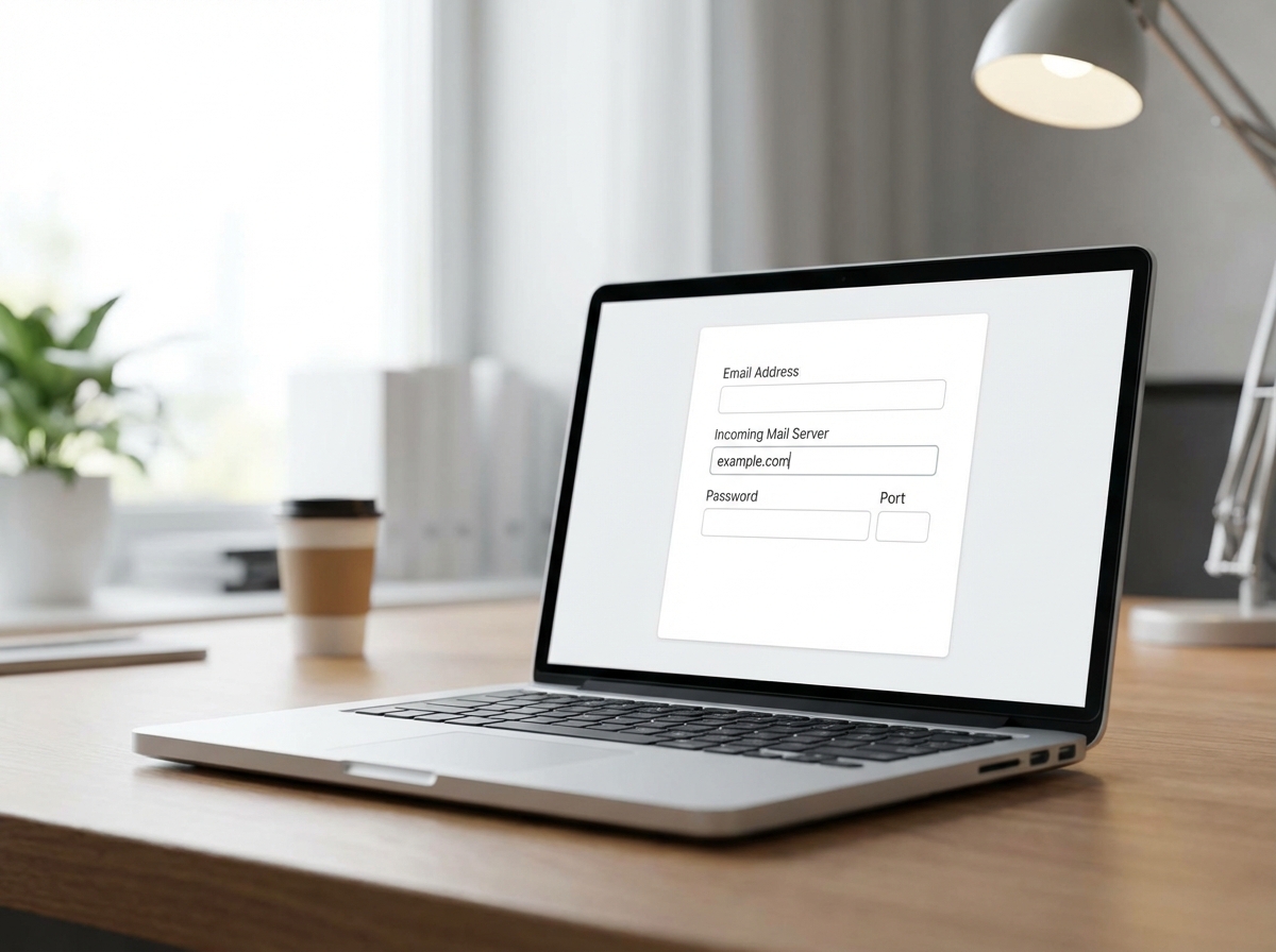 A clean and modern laptop screen showing a generic email configuration interface with the text example.com entered in the field, soft office lighting, 4:3
