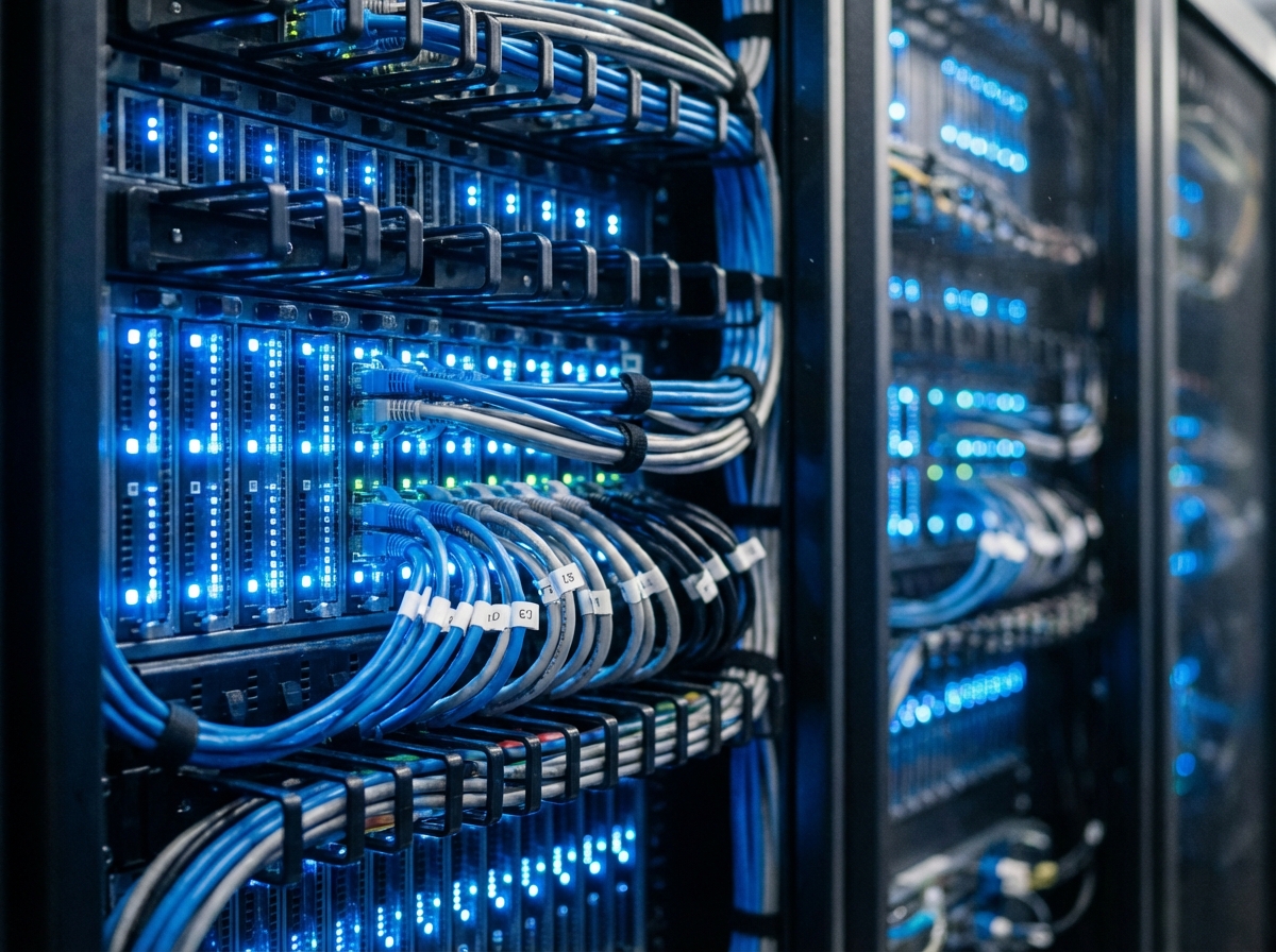 Close up shot of a high tech server room with glowing blue LED lights and organized ethernet cables, shallow depth of field, realistic photography, 4:3