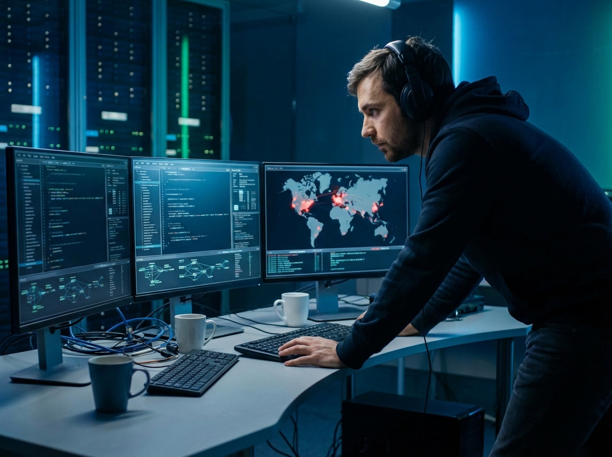 A cybersecurity analyst working with multiple monitors displaying data streams and world maps, focused atmosphere, realistic indoor lighting, 4:3