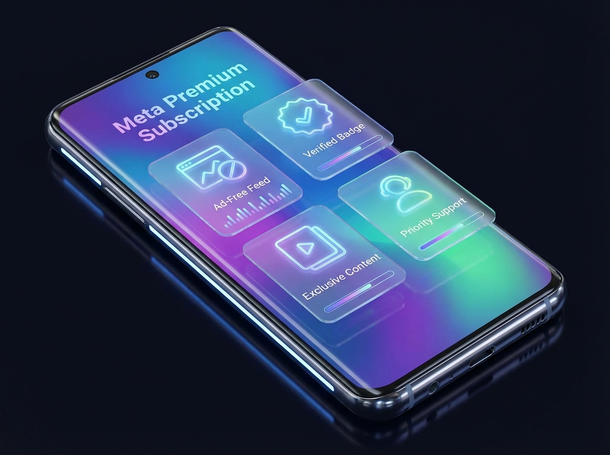 A high-tech digital interface on a smartphone screen showing premium social media subscription features, vibrant gradient background, Meta Premium Subscription style, modern application design, 4:3