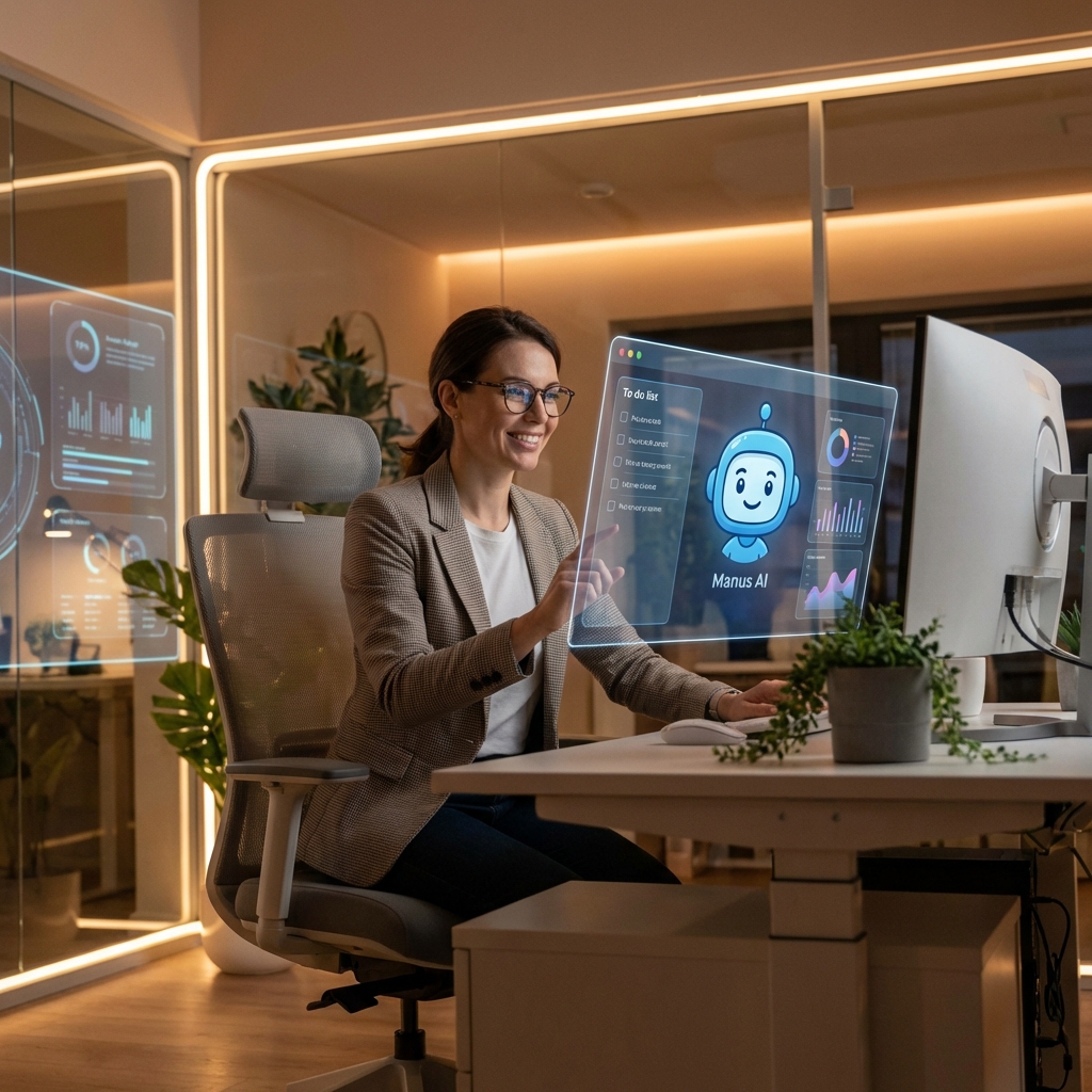 A professional person using a tablet with a friendly AI agent avatar Manus AI helping with tasks, futuristic office setting, warm and creative lighting, 1:1