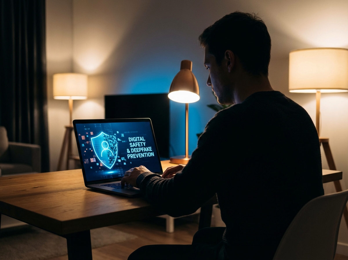 A dark blue digital background with a glowing shield icon protecting a person's silhouette from pixelated data. The image represents digital safety and the prevention of nonconsensual deepfakes. Professional lifestyle photography style, warm but serious lighting. 4:3