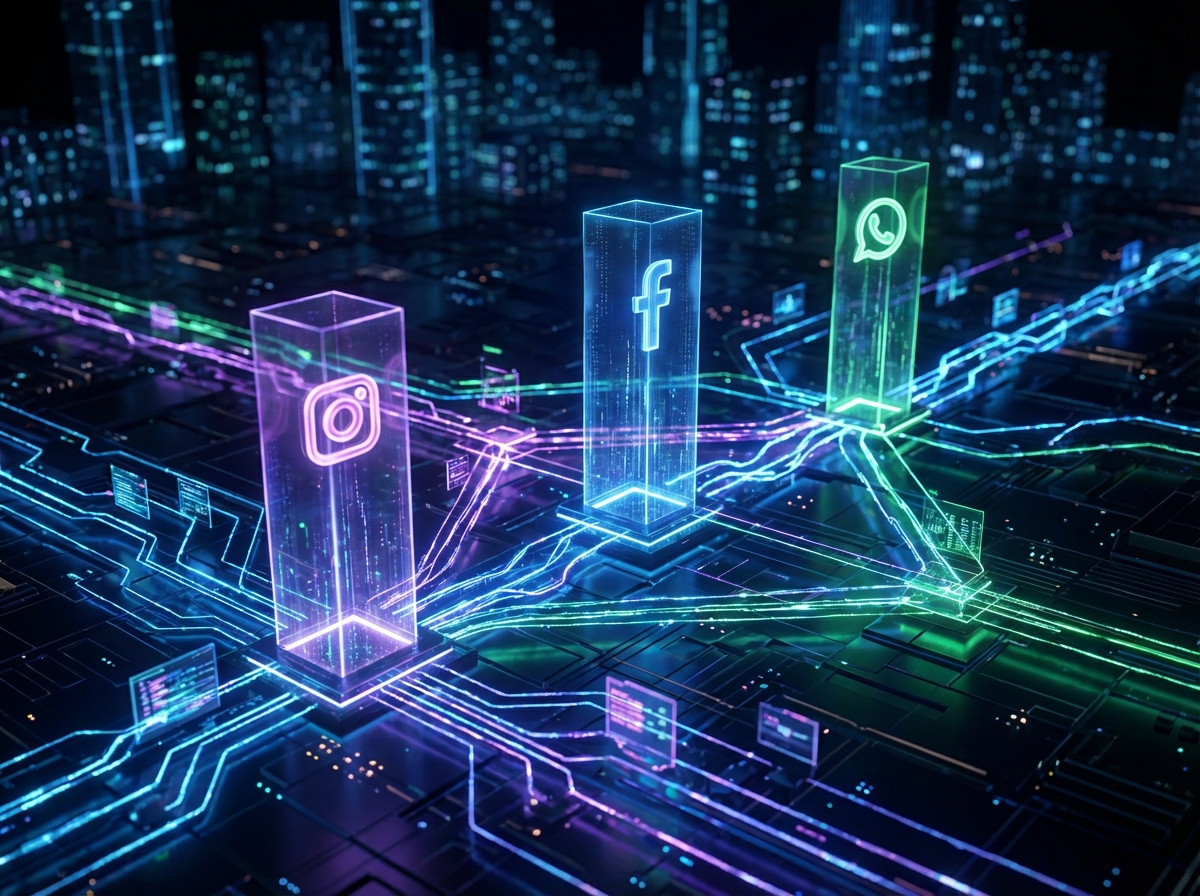Modern digital ecosystem connecting Instagram Facebook and WhatsApp with glowing digital lines, futuristic tech aesthetics, vibrant colors, 4:3