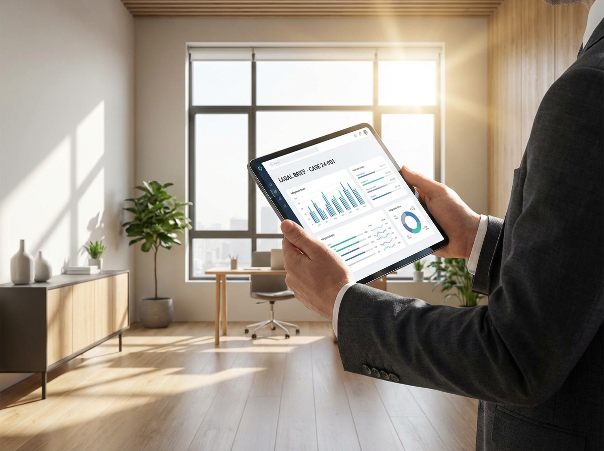 A modern office environment with a focus on a tablet screen showing legal documents and data charts. A person in professional attire is reviewing the content. Clean infographic style, soft natural lighting from a window. 4:3