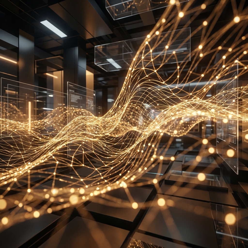 Abstract representation of future social media connections, golden light threads, high-tech background, sophisticated atmosphere, 1:1