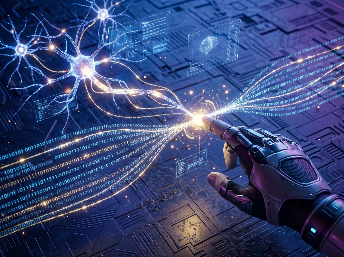 A futuristic digital interface showing human neural networks connected with binary code. A hand is touching a glowing point of connection. High-tech rendering, textured background with deep blue and purple tones. 4:3