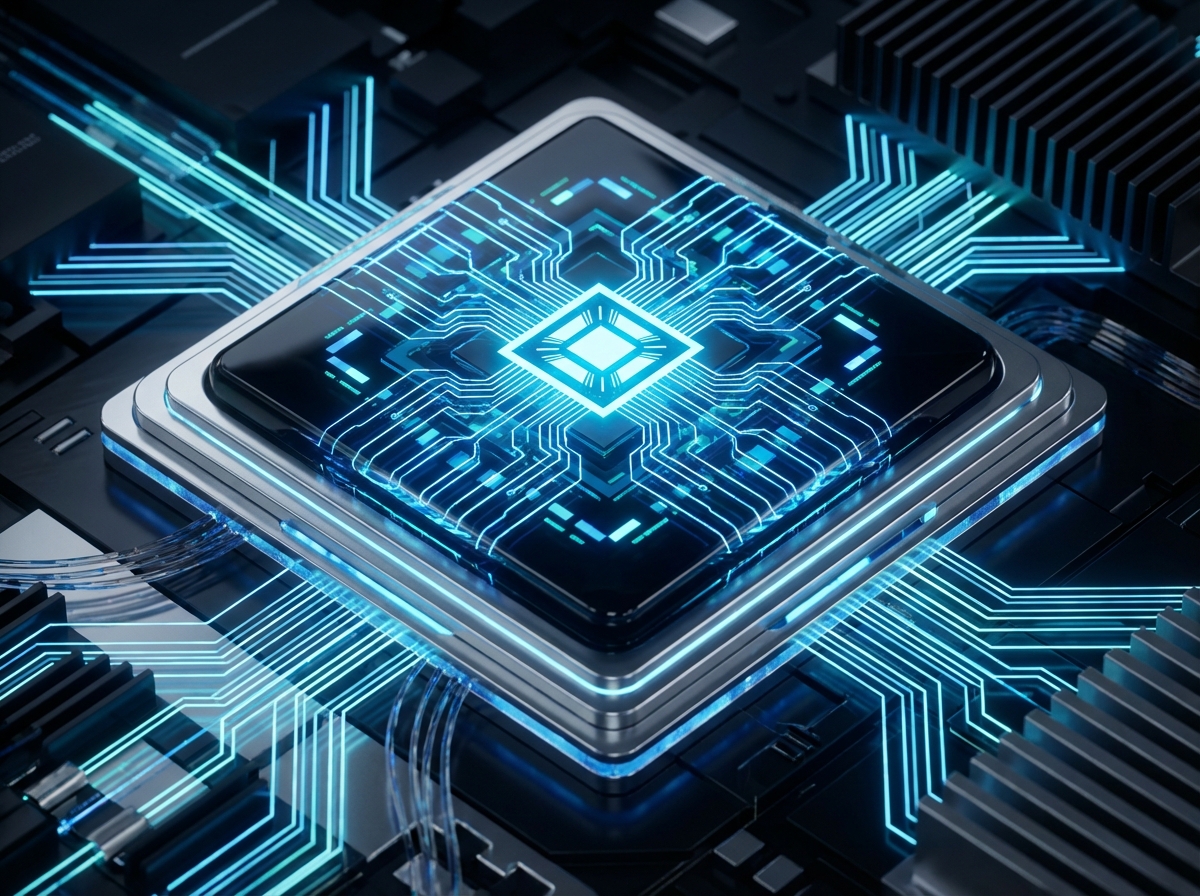 A high-tech microchip with glowing circuits and futuristic digital patterns, representing powerful processing, sleek blue and silver tones, high contrast, 4:3