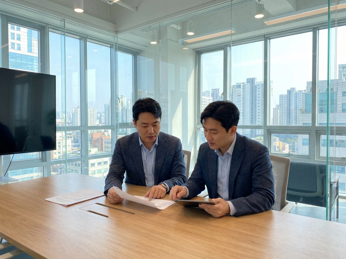 Two professional legal consultants with Korean appearance discussing documents in a modern glass-walled office, natural daylight, sophisticated business casual style, 4:3