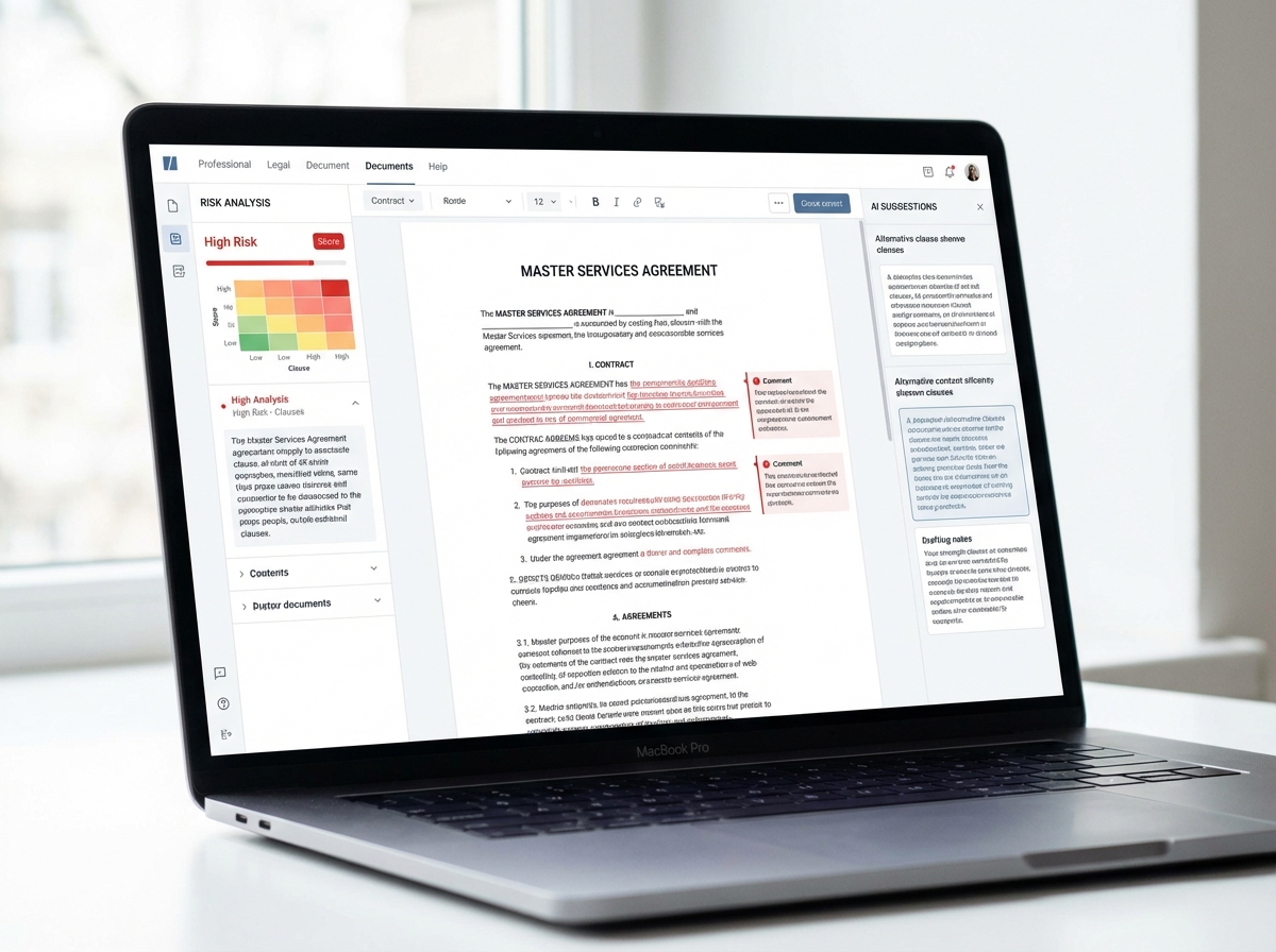 Close up of a laptop screen displaying a professional legal document editor with AI-powered sidebars showing risk analysis and suggestions, minimalist design, 4:3