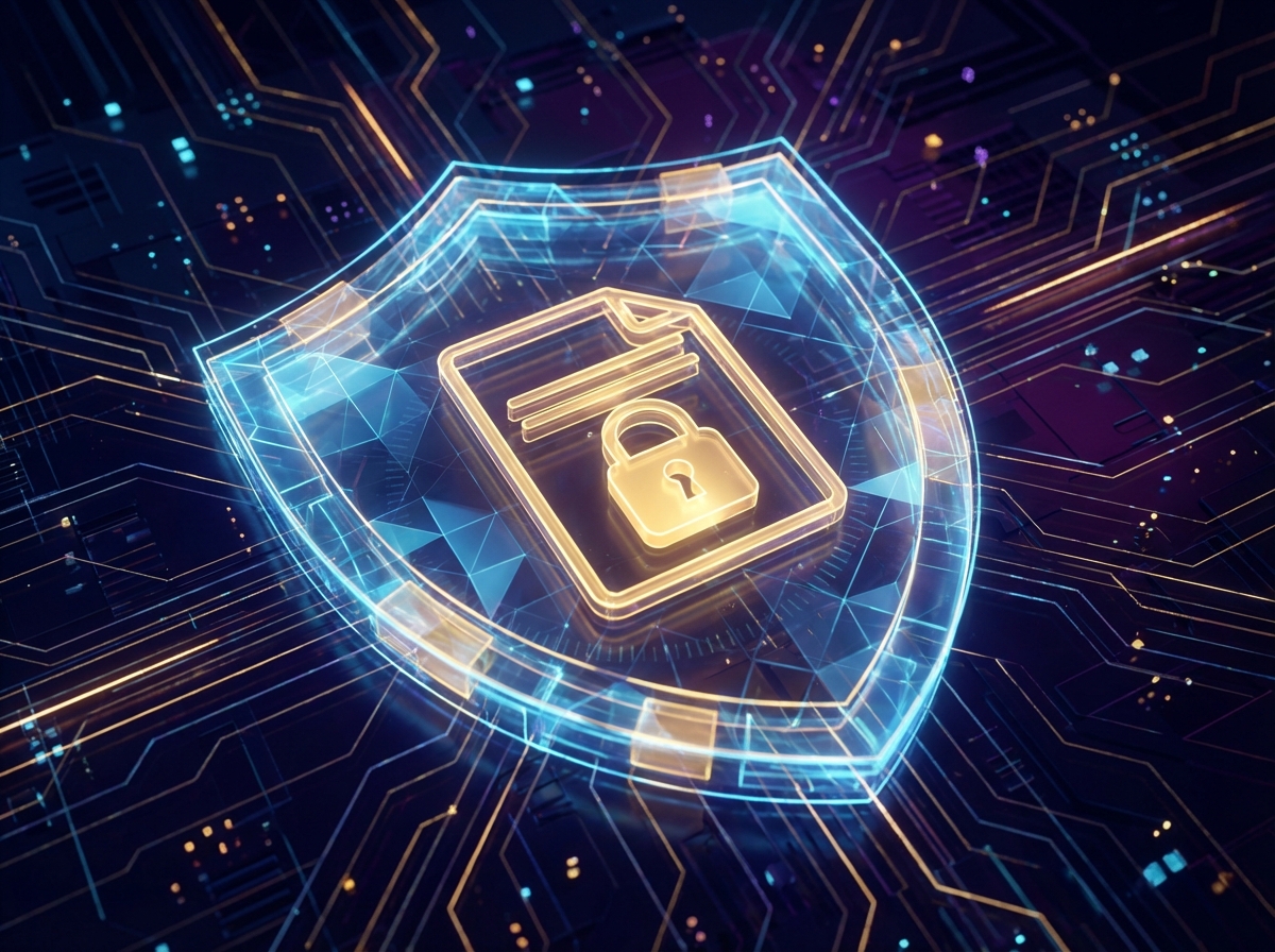 An abstract visualization of data security, a glowing digital shield protecting a document icon, high tech aesthetic, deep blue and gold color scheme, 4:3