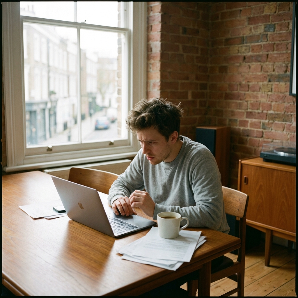 A young adult sitting in a modern room, looking at a laptop with a worried and anxious facial expression, soft morning light hitting from the window, realistic lifestyle photography, British urban apartment style, 1:1