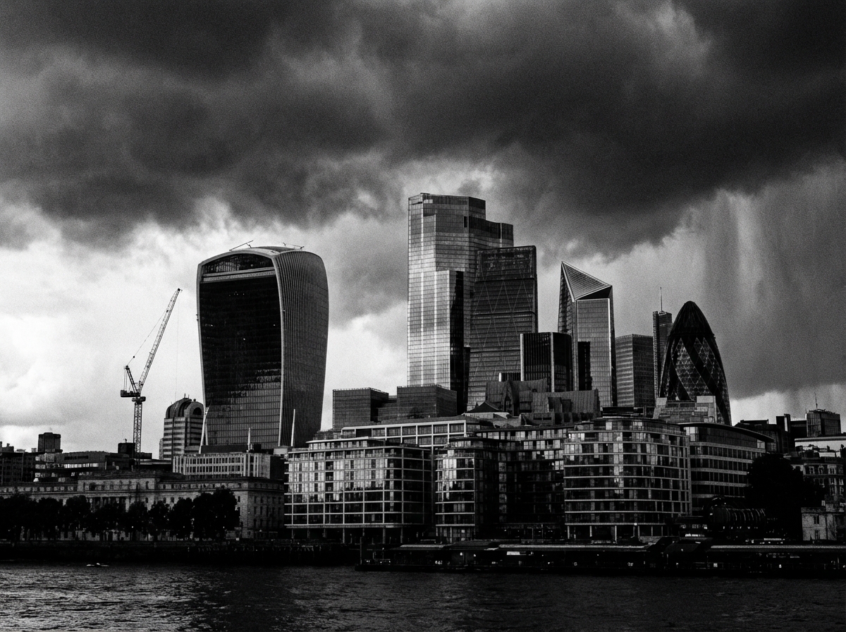 A modern cityscape of London with high-rise office buildings under a cloudy sky, representing economic uncertainty, high contrast architectural photography, 4:3